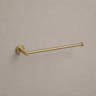 Reno brushed brass hand towel holder on white background full view