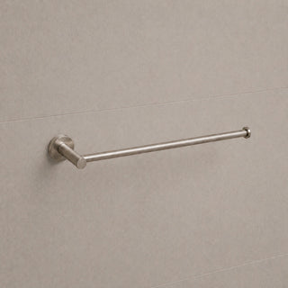 Reno brushed nickel hand towel holder on white background full view