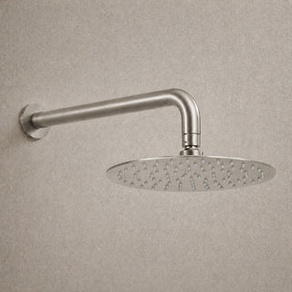 Reno brushed nickel rainfall shower head on white background full view