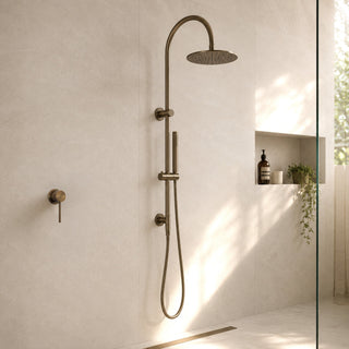 Reno antique brass shower mixer tap in modern bathroom lifestyle setting