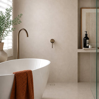 Reno antique brass shower mixer tap side profile on white background