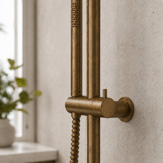 antique brass shower head and control handle mounted on a textured wall with a plant in the background.