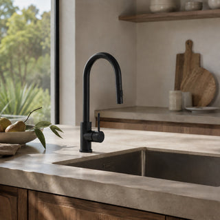 Modern kitchen sink with black tap in a well-lit room with natural light.