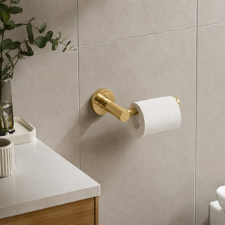polished gold toilet roll holder in a modern bathroom and a timber vanity